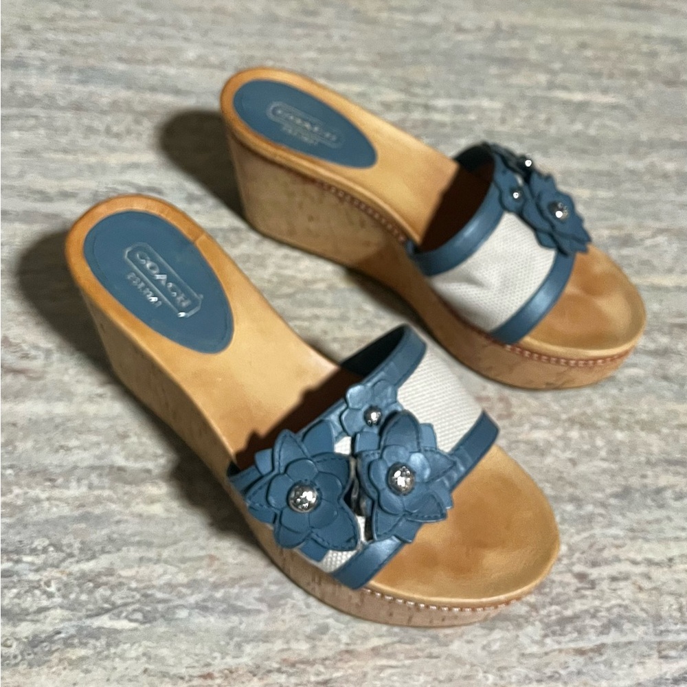 Coach JESACA Blue and Beige Wedge Sandals with Fliral Accents - Picture 10 of 16